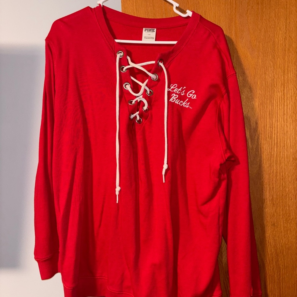 PINK Victoria's Secret Red Lace-Up OSU Top